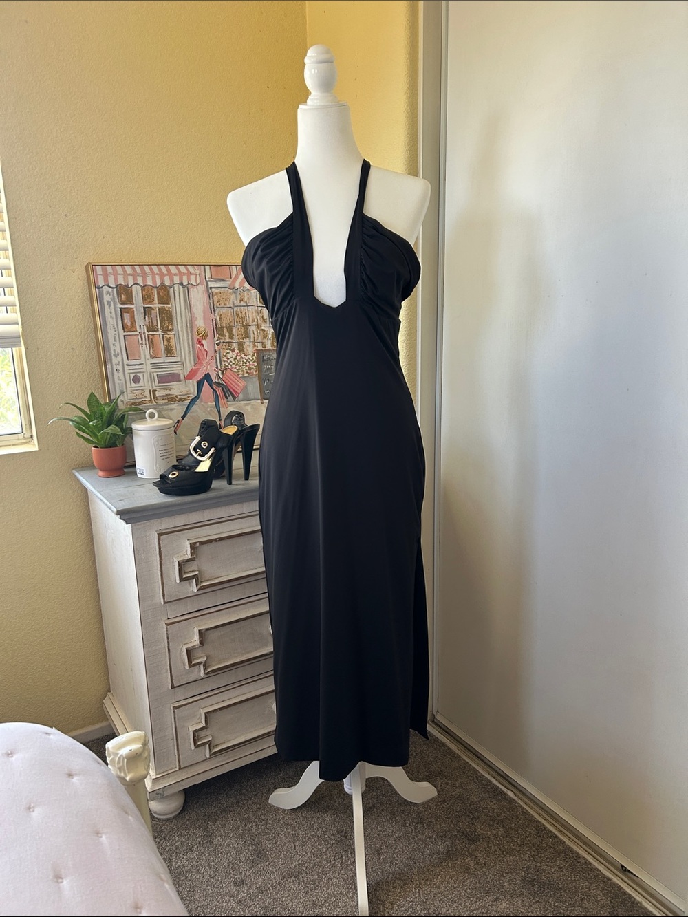 Bardot Black Halter Midi Dress with Plunging Neckline